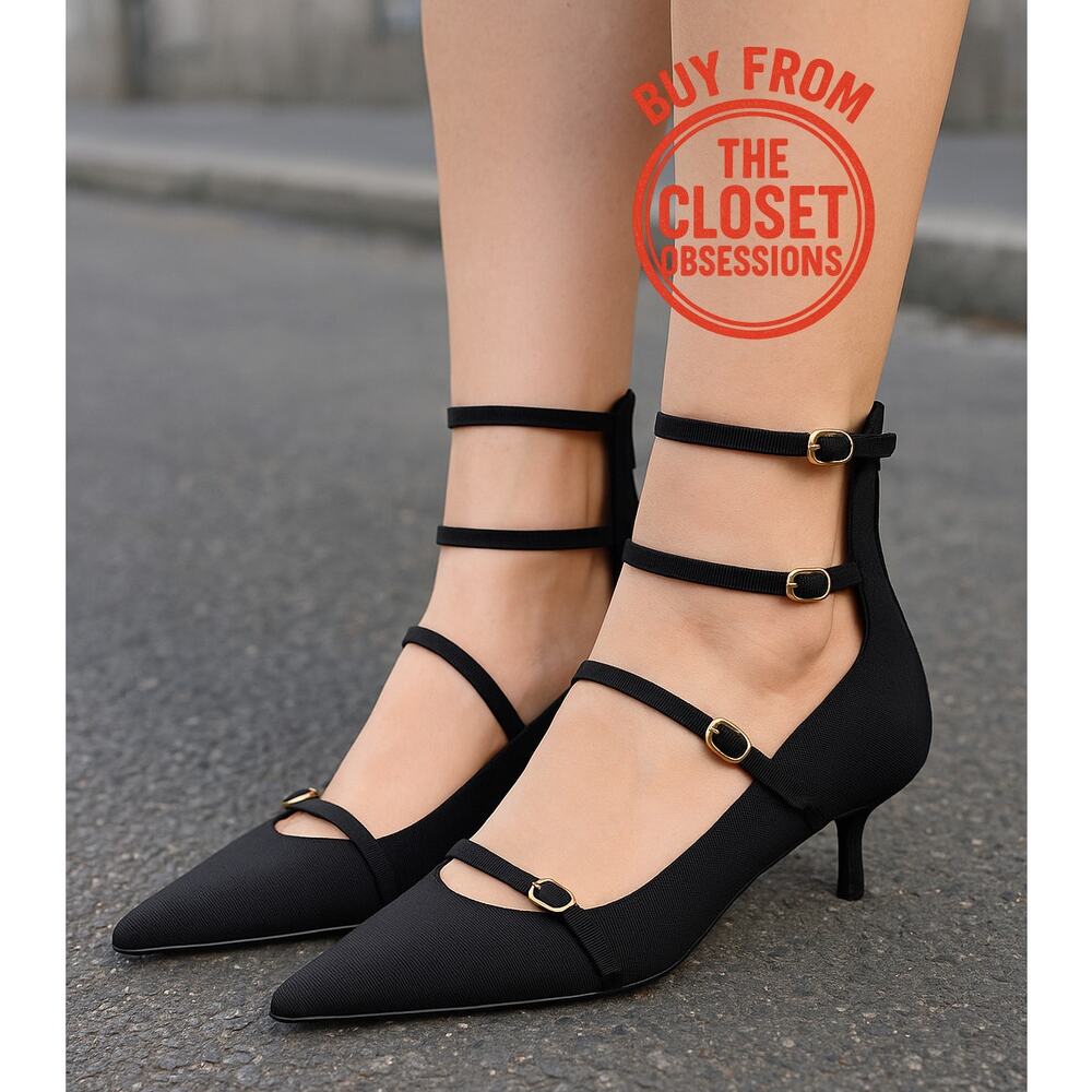 ZARA Black Multi Strap Kitten Heels Pointed Toe Mary Jane Pumps NWT 7.5